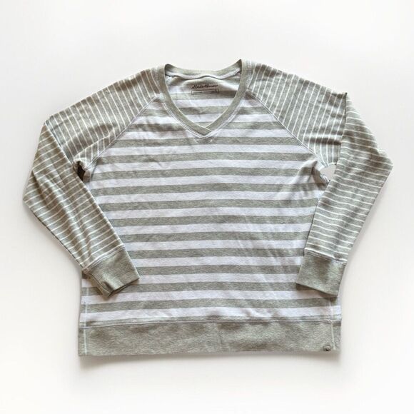 Eddie Bauer Womens Crew Neck Pullover Knit V Neck Gray White Striped Size XL - Picture 1 of 12